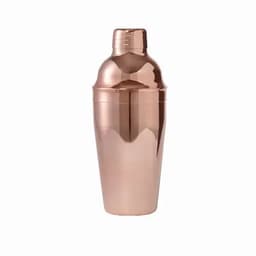 A drink bottle with a sleek rose gold finish and a twist-off lid, featuring a logo on the side.