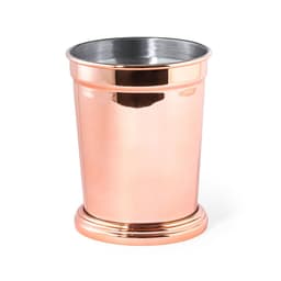A copper drink tumbler featuring a shiny metallic finish and a smooth surface, with a classic design.