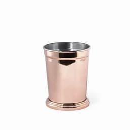 A drink bottle in a shiny rose gold finish with a smooth, rounded top and a sturdy base. Features a brand logo.