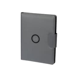 A grey folder with a sleek design featuring a circular logo on the front and a secure closure.