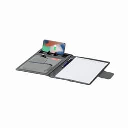 A portfolio folder in black with a phone holder, document section, and pen included. Features a logo design.