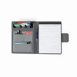 A grey portfolio with a notepad, slots for cards, a pen, and a few small stationery items.