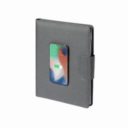 A grey folder with a magnetic closure featuring a smartphone charging through a cut-out display.