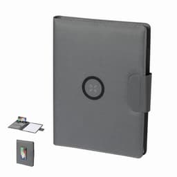 A grey folder with a magnetic closure and a circular logo, featuring a flap for a device and a notepad inside.