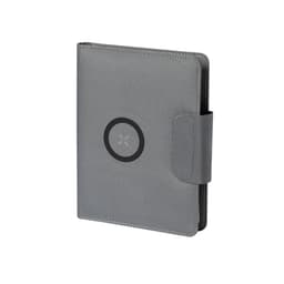 A grey folder with a smooth texture, featuring a circular logo on the front and a secure clasp closure.