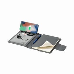 A grey portfolio featuring a smartphone holder, notebook, pen, and compartment for cables and cards.