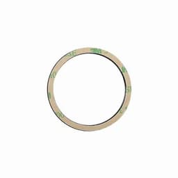 A circular adhesive tape with a beige backing and black edge, featuring branding along the perimeter.