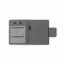 A grey wallet with card slots and a zipped compartment, featuring a simple, sleek design. It has a logo on the front.