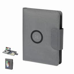 A grey organiser with a magnetic closure, featuring a circular logo and compartments for a phone and notepad.