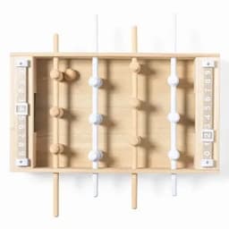 A wooden game board featuring white and natural wooden rods with numbered markers for a fun and interactive experience.