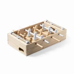 A wooden tabletop foosball game featuring white and natural wood players, with rods for gameplay.