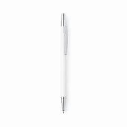 A white pen with a silver clip and tip, featuring a minimalist design and a logo.