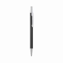 A black pen with a silver clip and tip, featuring a sleek design and minimal branding.
