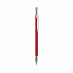 A red pen with a silver clip and accents, featuring a sleek design and a branding logo.