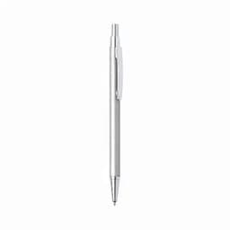 A silver ballpoint pen with a clip and retractable tip, featuring a simplistic design.