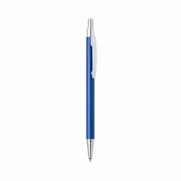 A blue ballpoint pen with a silver clip and tip, featuring a sleek design.