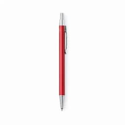 A red pen with a silver clip and tip, featuring a sleek, metallic design.