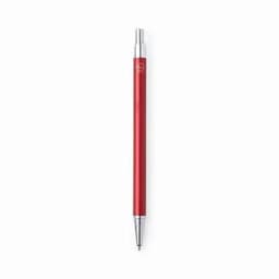 A red pen with a sleek metallic finish and a silver decorative element. It features a branding logo.