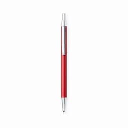 A red pen with a silver clip and tip, featuring a sleek design and a shiny finish.