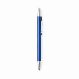 A blue pen with a silver clip and tip, featuring a smooth design and a glossy finish.