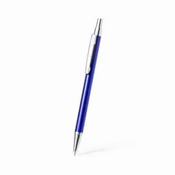 A blue pen with a silver clip and tip, featuring a sleek design. It has a branded logo on the barrel.
