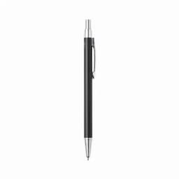 A pen with a sleek black barrel and silver accents, featuring a clip on the side. It has a simple design.