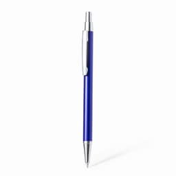 A pen with a blue barrel and silver accents, featuring a clip and a retractable ballpoint tip.