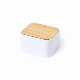 A container with a white base and a light wooden lid, featuring a smooth, rectangular design.
