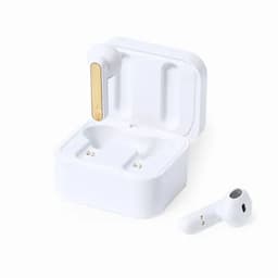A white earphone case with a gold accent, featuring one earbud outside the case.
