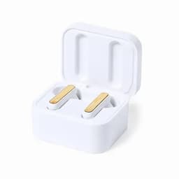 A white earbud case containing two earbuds with wooden accents. The case is closed, showcasing the sleek design.