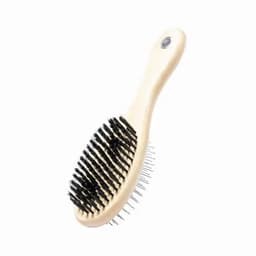 A hairbrush with a wooden handle and mixed bristles, featuring black nylon and metal pins.