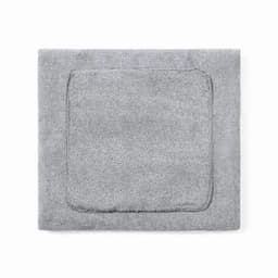 A grey bath towel with a square design and a soft texture, featuring a bordered edge.