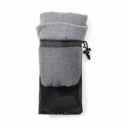 A grey drink bottle with a black mesh sleeve and a drawstring closure, featuring a logo.