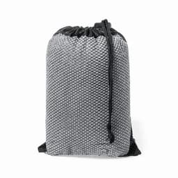 A drawstring bag in grey mesh fabric with a black cord closure, featuring a simple design and logo.