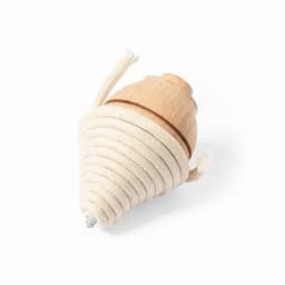 A wooden top with a beige cord wrapped around it, featuring a light wooden base and a pointed tip.