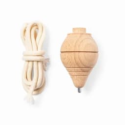 A wooden spinning top in natural colour, accompanied by a white cord.