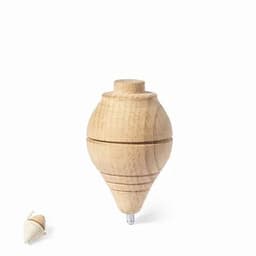 A wooden spinning top in natural finish with a smaller spinning top beside it. Each top has a smooth, rounded shape.