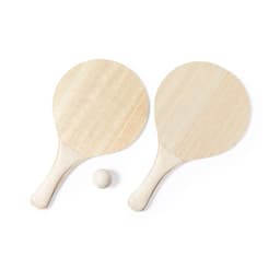 A wooden paddle set with two rackets and a small ball, all in a natural wood finish.