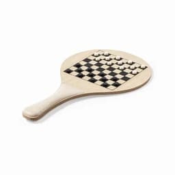 A wooden chess and checkers paddle featuring a checkered board with black and white pieces arranged on it.