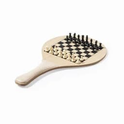 A paddle-shaped chessboard featuring black and white pieces arranged for play.