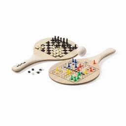 Two wooden paddles featuring a chessboard on one side and a multi-player board game on the other, with game pieces and a ball included.