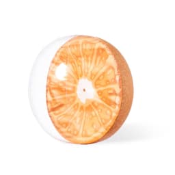 An inflatable beach ball designed to look like a halved orange, featuring vibrant orange and yellow colours.