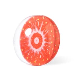 A beach ball featuring a strawberry design, predominantly red with yellow spots, and a glossy finish.