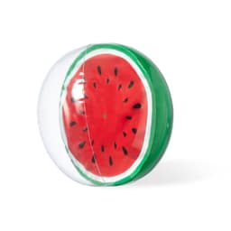 A beach ball designed to resemble a watermelon, featuring red and green colours with black seeds. It has a transparent exterior.