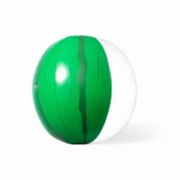A beach ball featuring green and white stripes, with a glossy finish and a logo.