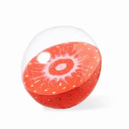 A round toy ball with a vibrant red exterior, featuring a strawberry design and yellow seed patterns.
