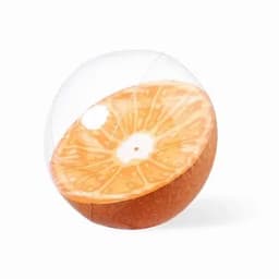 A drink bottle shaped like a half-sliced orange, featuring vibrant orange and brown colours with a clear outer shell.