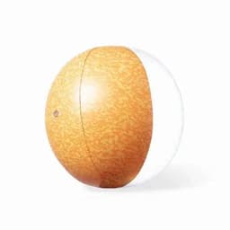 A beach ball featuring orange and white panels, with a textured surface design. The ball has a logo.