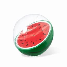 A beach ball designed to look like a watermelon, featuring red and green colours with black seeds.