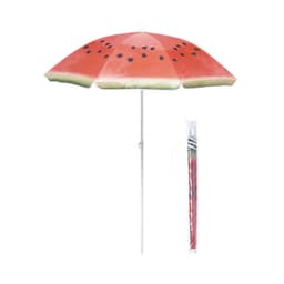 A beach umbrella designed to resemble a watermelon, featuring red and green colours with black seeds.